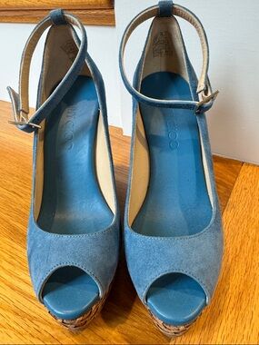 Jimmy Choo Suede Peep-Toe Platform Heels with Ankle Strap - Blue EUC size 36